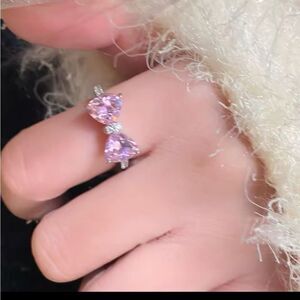 Elegant Pink Bow Gemstone Ring Sterling Silver AAA+ Zirconia Adjustable Size New